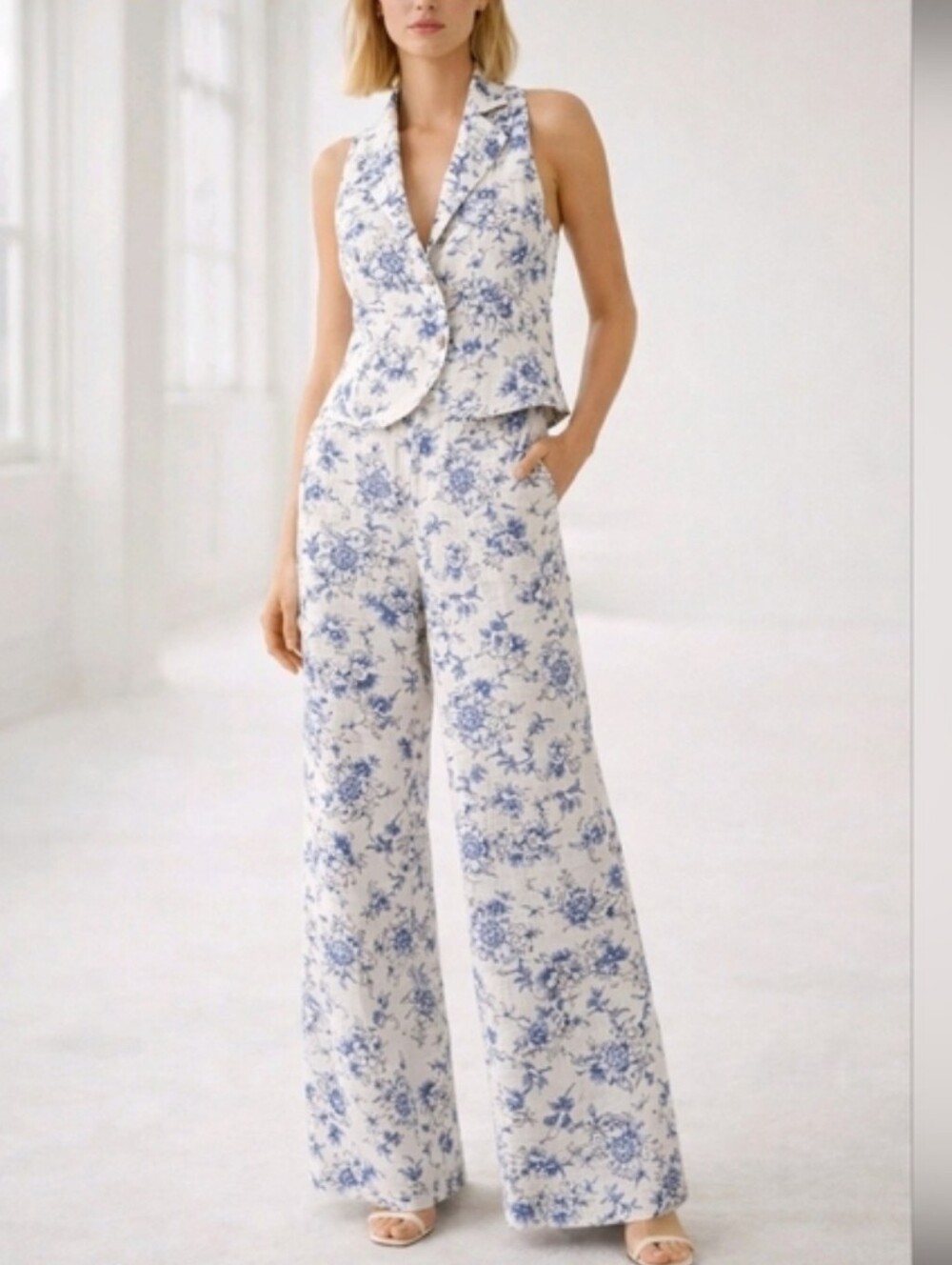 Jason Wu Sz 8 white & Blue floral linen 2 piece halter vest Suit Wide leg NEW